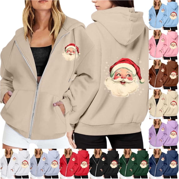 NinXxx Ladies' Christmas Zipper Long Sleeve Pocket Drawstring Hooded Sweatshirt Khaki M