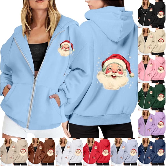 NinXxx Ladies' Christmas Zipper Long Sleeve Pocket Drawstring Hooded Sweatshirt Light Blue L