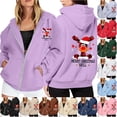 thumbnail image 1 of NinXxx Ladies' Christmas Zipper Long Sleeve Pocket Drawstring Hooded Sweatshirt Light Purple S, 1 of 8