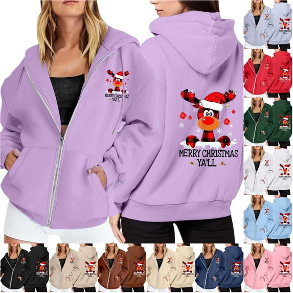 NinXxx Ladies' Christmas Zipper Long Sleeve Pocket Drawstring Hooded Sweatshirt Light Purple S