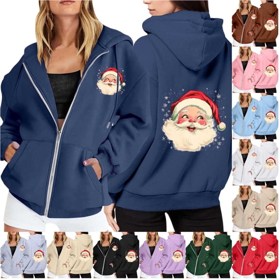 NinXxx Ladies' Christmas Zipper Long Sleeve Pocket Drawstring Hooded Sweatshirt Navy M