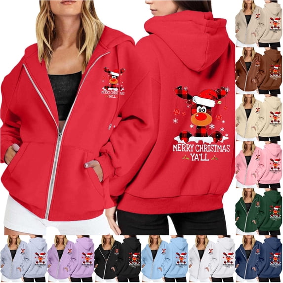 NinXxx Ladies' Christmas Zipper Long Sleeve Pocket Drawstring Hooded Sweatshirt Red L