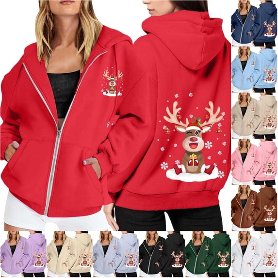 NinXxx Ladies' Christmas Zipper Long Sleeve Pocket Drawstring Hooded Sweatshirt Red XXL