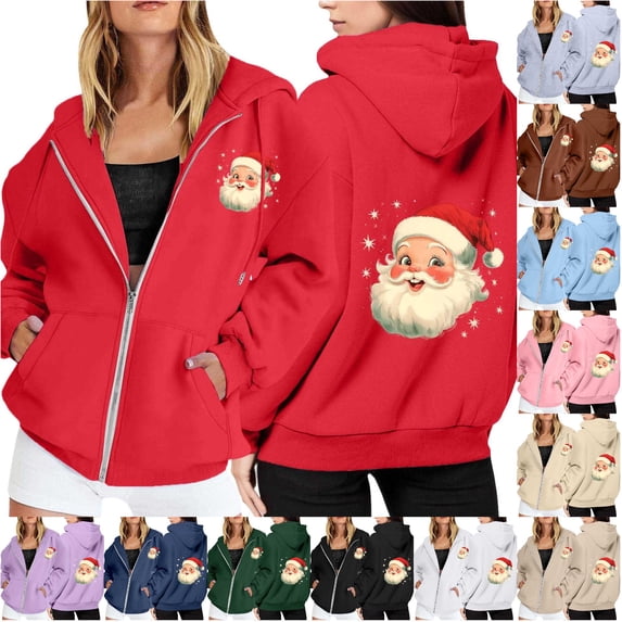 NinXxx Ladies' Christmas Zipper Long Sleeve Pocket Drawstring Hooded Sweatshirt Red XXXL