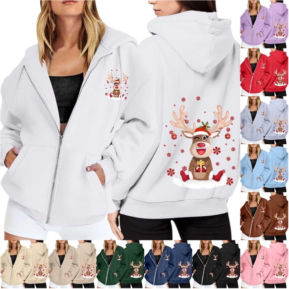 NinXxx Ladies' Christmas Zipper Long Sleeve Pocket Drawstring Hooded Sweatshirt White XL