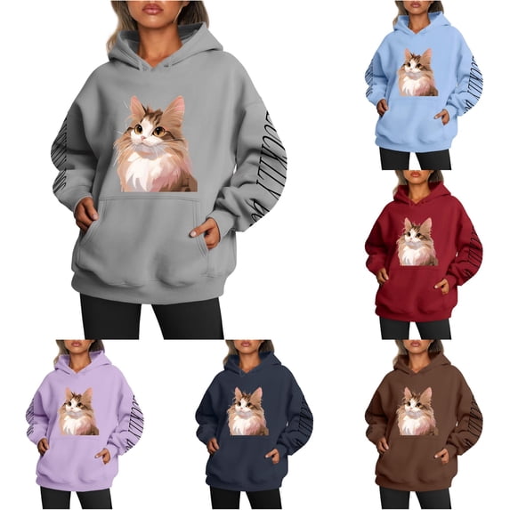 NinXxx Ladies' Kitty Letter Sleeves Hoodie Casual Pullover Top Grey XXXL