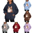 thumbnail image 1 of NinXxx Ladies' Kitty Letter Sleeves Hoodie Casual Pullover Top Navy XL, 1 of 5