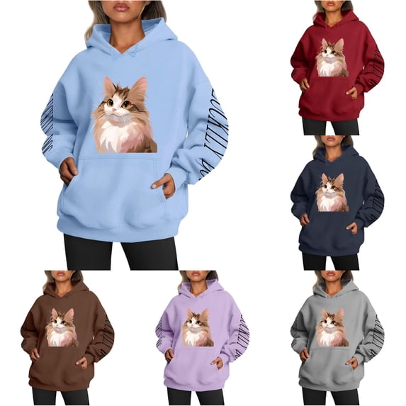 NinXxx Ladies' Kitty Letter Sleeves Hoodie Casual Pullover Top Sky Blue M