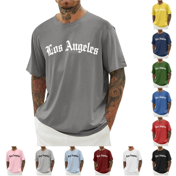 NinXxx Men's Crew Neck City Letter Print Breathable Modern Casual Tee Grey L Grey L