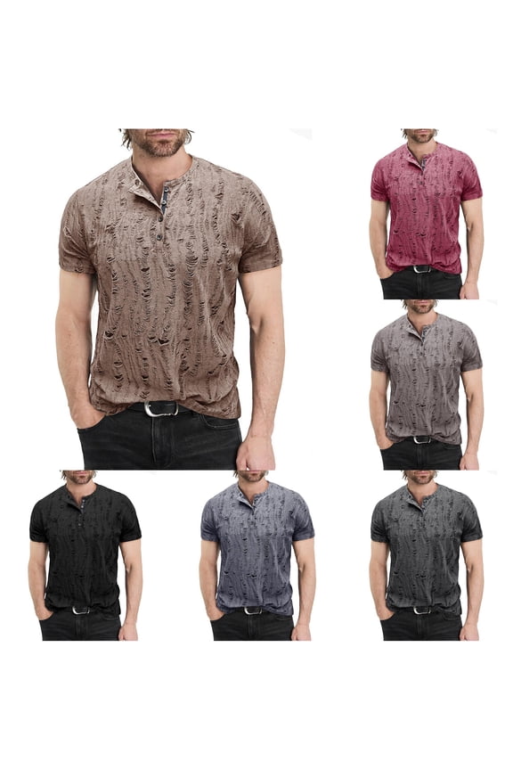 Men's Fashion Ripped Short Sleeve Distressed Everyday Top Brown L Brown L
