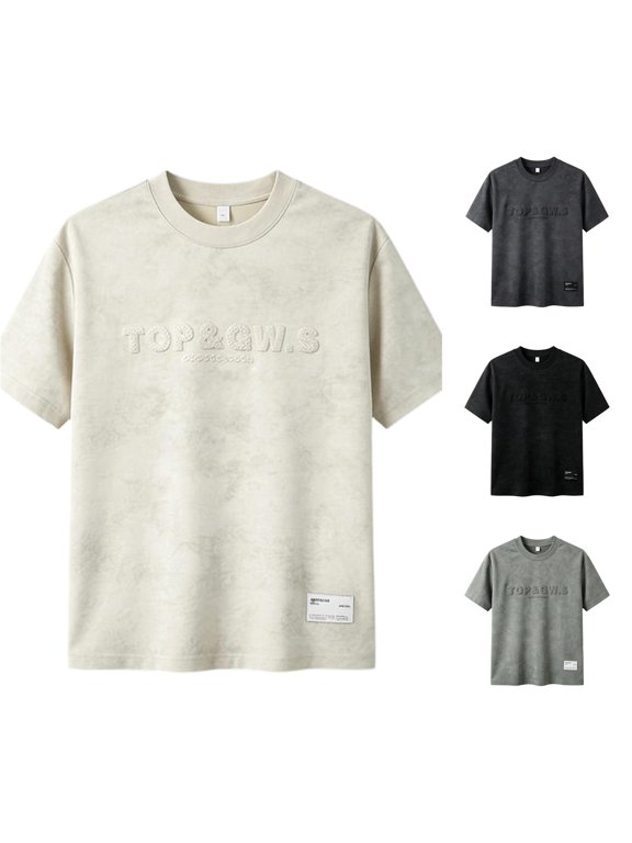 Men's Letter Print Crewneck Stylish Embossed Casual Tee Khaki L