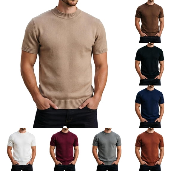 NinXxx Men's Short Sleeve Knit Breathable Crew Neck Daily Layering Tee Beige L