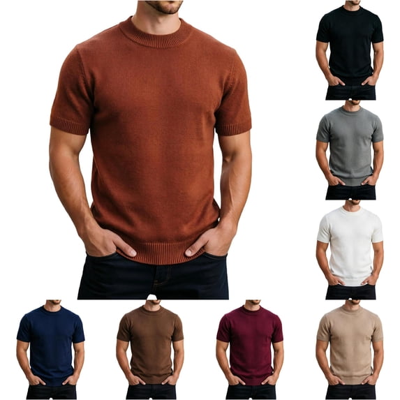 NinXxx Men's Short Sleeve Knit Breathable Crew Neck Daily Layering Tee Brown XXL