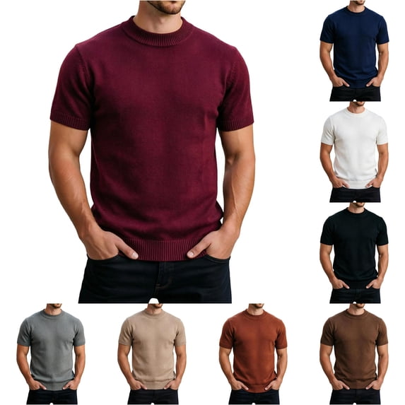 NinXxx Men's Short Sleeve Knit Breathable Crew Neck Daily Layering Tee Red L
