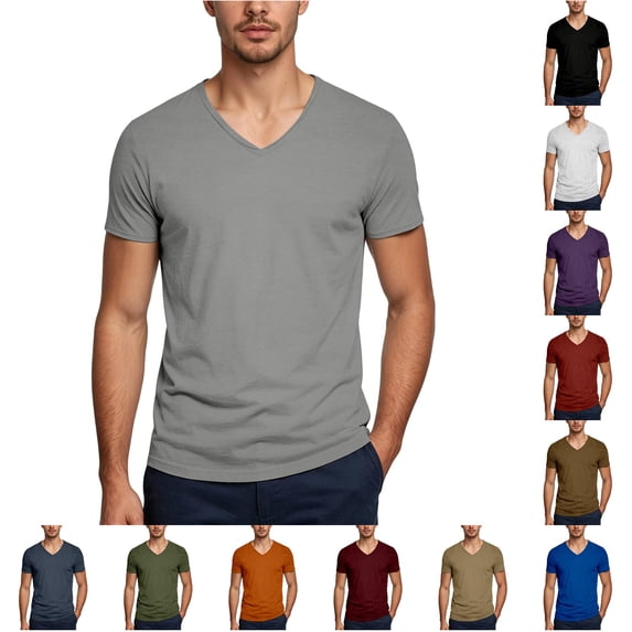 NinXxx Men's Solid French Crew Neck Short Sleeve Casual Top Grey S