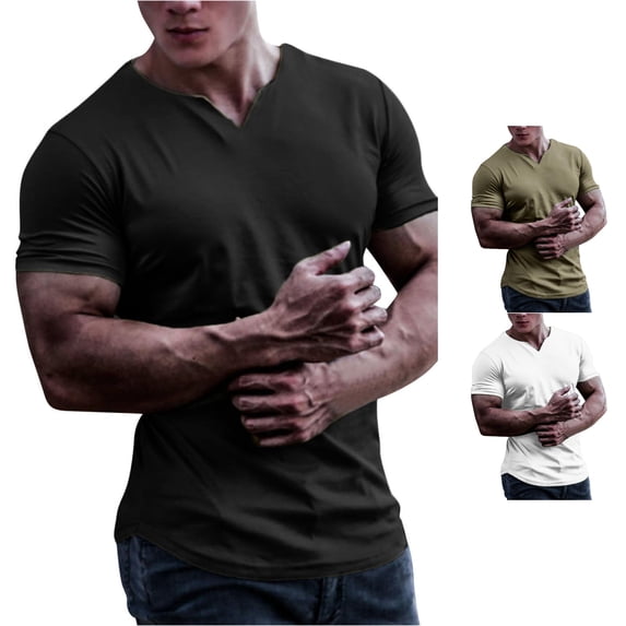 NinXxx Men's Spring Summer V Neck Solid Short Sleeve Casual Tee Black M