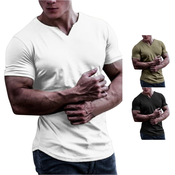 NinXxx Men's Spring Summer V Neck Solid Short Sleeve Casual Tee White XL