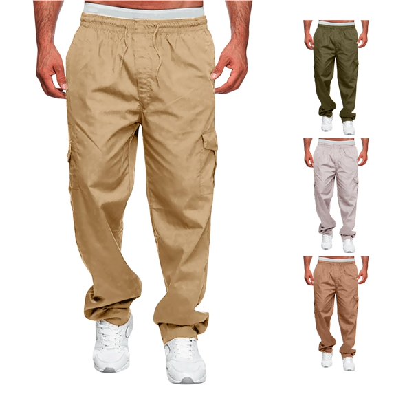 NinXxx Men's Versatile All Season Cargo Zipper Button Hem Solid Plus Size Outdoor Trousers Coffee XL