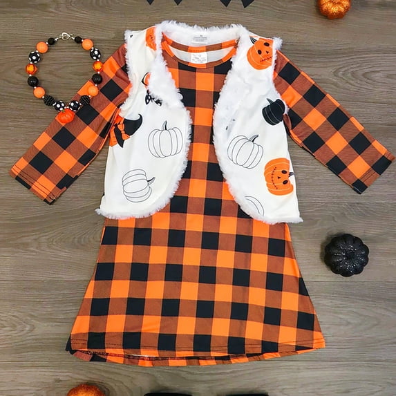 NinXxx Plaid Tops Skirt Dress Vest Halloween Set for Girls Orange 3-4 Years