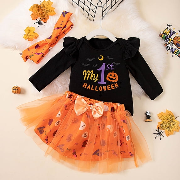NinXxx Pumpkin Print Romper Short Skirt with Headband 3PC Halloween Suit Orange 6-9 Months