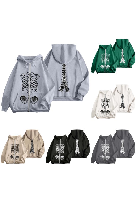 Unisex Skeleton Graphic Zip Up Hoodie Oversized Casual Jacket Grey S