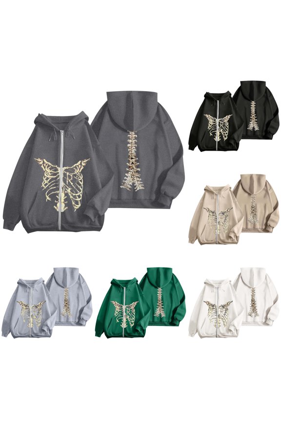 Unisex Skeleton Graphic Zip Up Hoodie Oversized Streetwear Jacket Dark Gray S