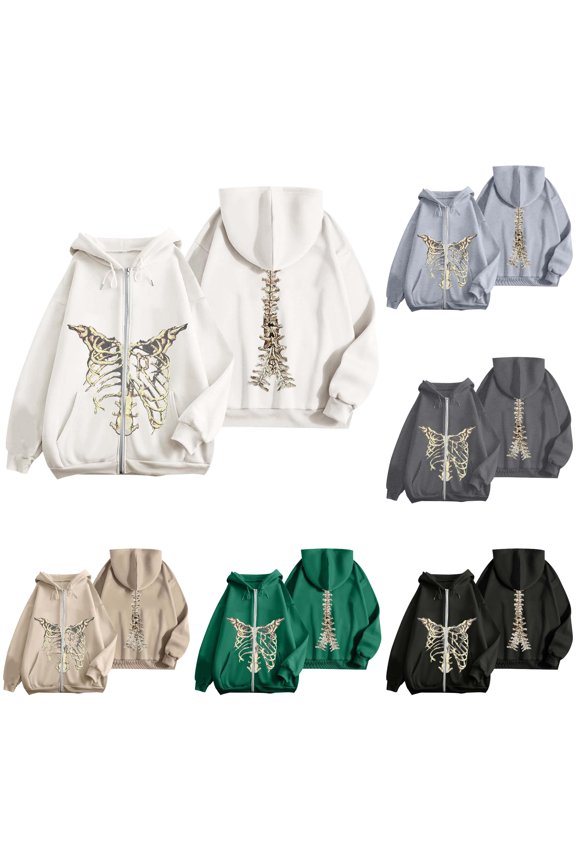 Unisex Skeleton Graphic Zip Up Hoodie Oversized Streetwear Jacket White S
