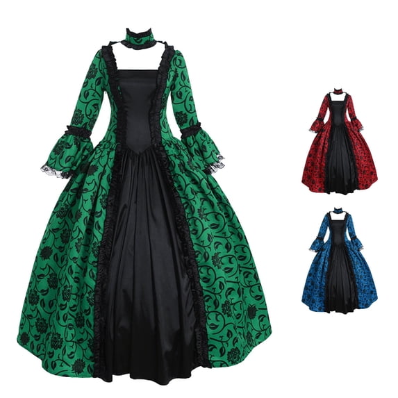 NinXxx Vintage Square Collar Flared Sleeve Large Swing Skirt Performance Dress Green XXL