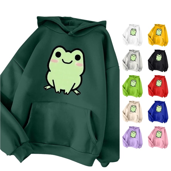 NinXxx Women's Autumn Winter Solid Drawstring Pocket Cute Print Hoodie Army Green S