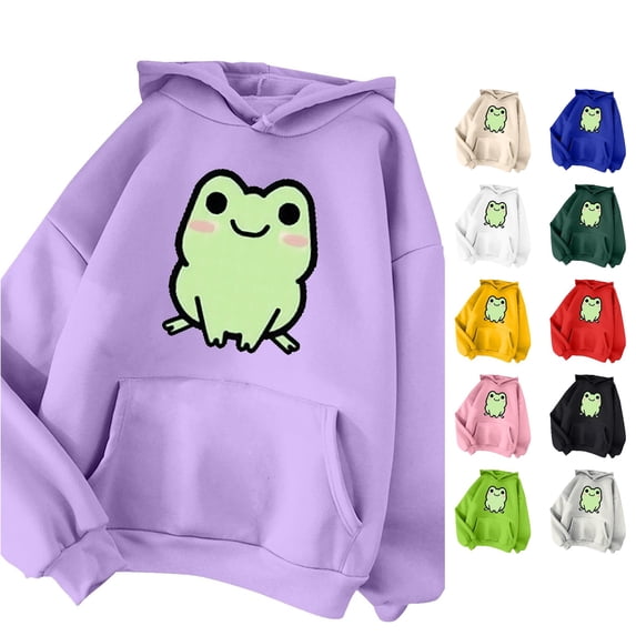 NinXxx Women's Autumn Winter Solid Drawstring Pocket Cute Print Hoodie Purple S