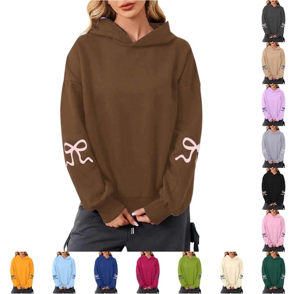 NinXxx Women's Bow Hoodie Long Sleeve Off Shoulder Pullover Sportswear Coffee S