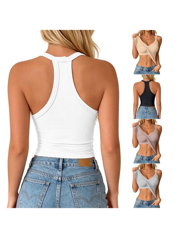 Women‘s Built in Bra Tank Top Sleeveless Padded Casual Camisole White S