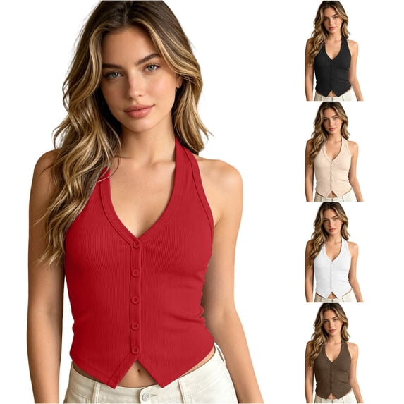 NinXxx Women's Button Front Down Backless Halterneck Tank Top Casual Summer Vest Camisole Red