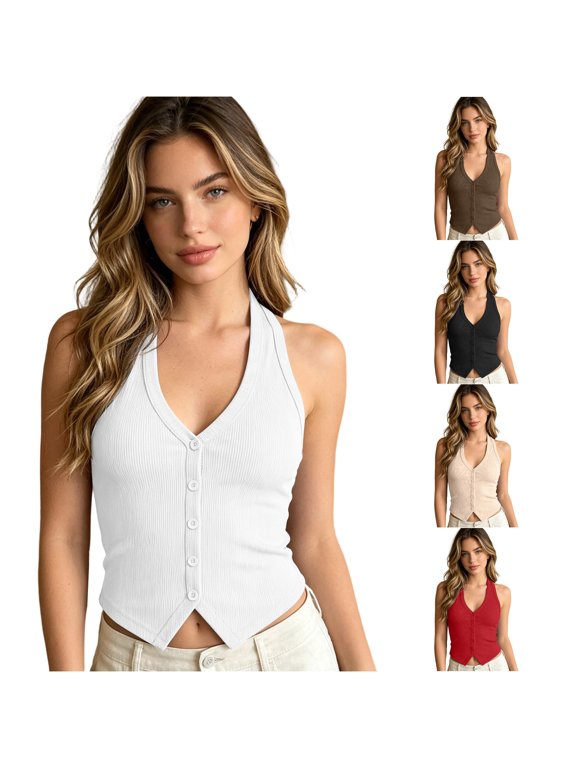 Women's Button Front Down Backless Halterneck Tank Top Casual Summer Vest Camisole White