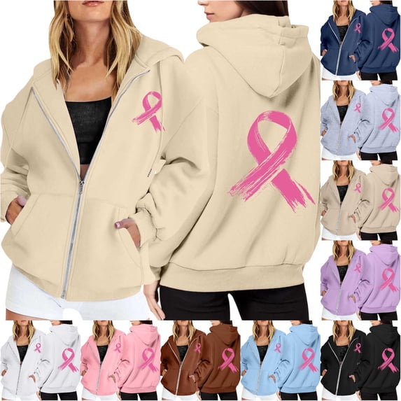 NinXxx Women's Cancer Awareness Zip Up Hoodie Pocket Drawstring Casual Sweatshirt Beige XXL