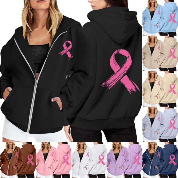 NinXxx Women's Cancer Awareness Zip Up Hoodie Pocket Drawstring Casual Sweatshirt Black L