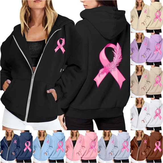 NinXxx Women's Cancer Awareness Zip Up Hoodie Pocket Drawstring Casual Sweatshirt Black XL