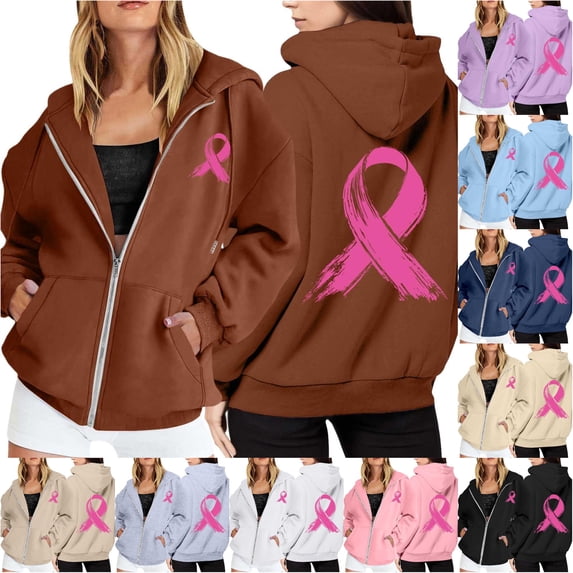 NinXxx Women's Cancer Awareness Zip Up Hoodie Pocket Drawstring Casual Sweatshirt Brown M