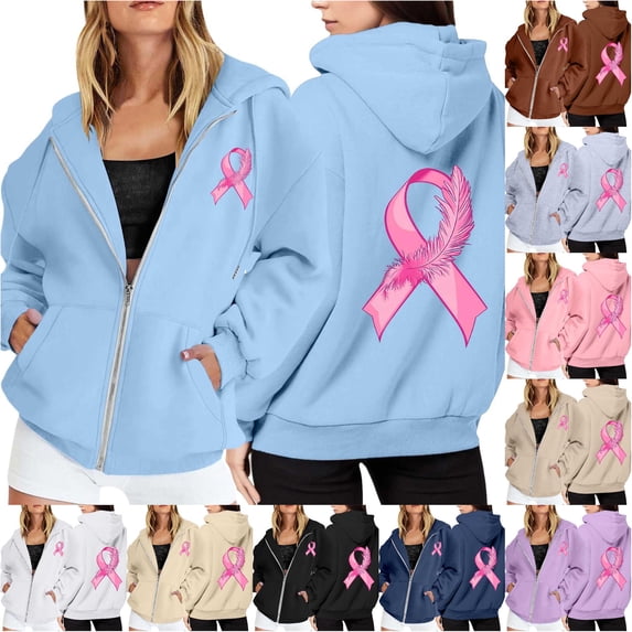 NinXxx Women's Cancer Awareness Zip Up Hoodie Pocket Drawstring Casual Sweatshirt Light Blue XXL