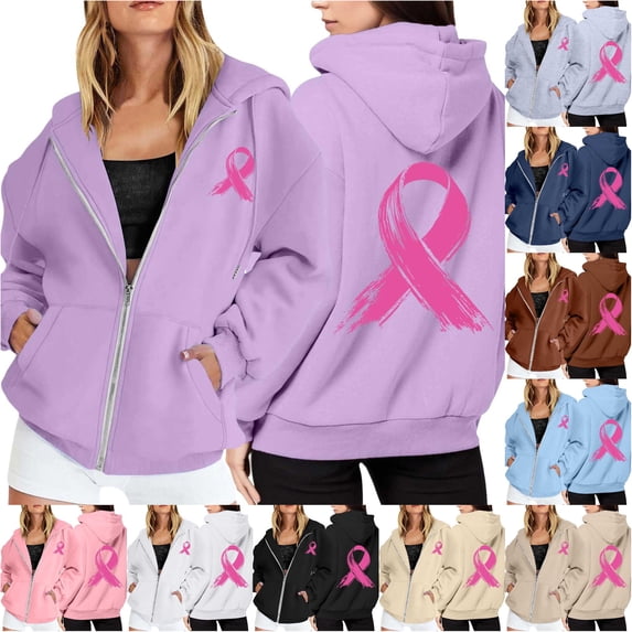 NinXxx Women's Cancer Awareness Zip Up Hoodie Pocket Drawstring Casual Sweatshirt Light Purple XXL