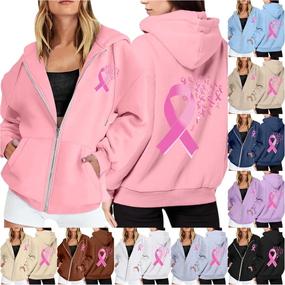 NinXxx Women's Cancer Awareness Zip Up Hoodie Pocket Drawstring Casual Sweatshirt Pink XXXL