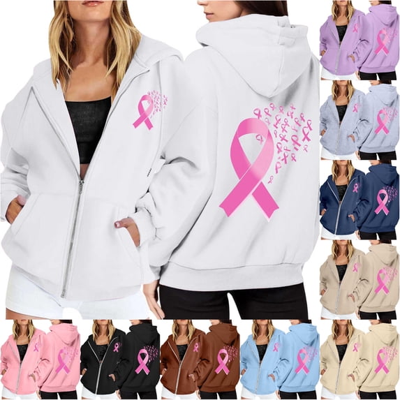 NinXxx Women's Cancer Awareness Zip Up Hoodie Pocket Drawstring Casual Sweatshirt White M