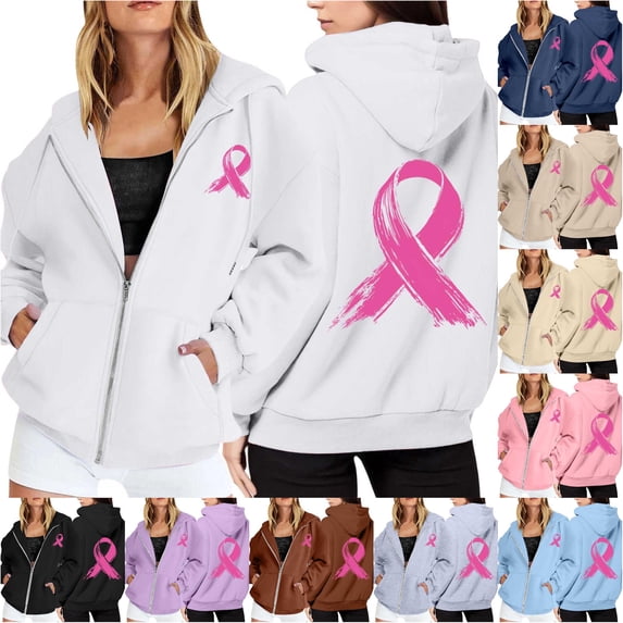 NinXxx Women's Cancer Awareness Zip Up Hoodie Pocket Drawstring Casual Sweatshirt White XXXL
