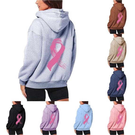 NinXxx Women's Cancer Prevention Zipper Long Sleeve Pocket Drawstring Hoodie Grey S