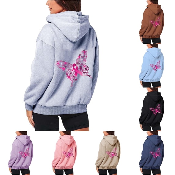 NinXxx Women's Cancer Prevention Zipper Long Sleeve Pocket Drawstring Hoodie Grey XXL