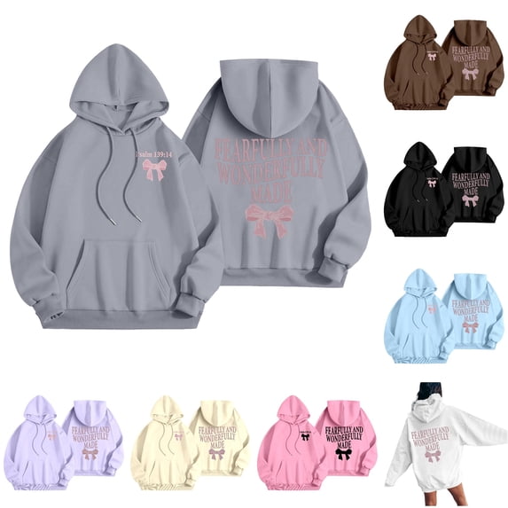 NinXxx Women's Casual Autumn Winter Bow Print Hooded Sweatshirt Light Gray L