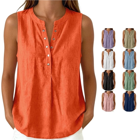NinXxx Women's Casual Collarless Sleeveless Shirt Loose Fit Blouse Summer Orange L