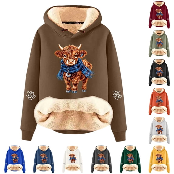 NinXxx Women's Casual Cow Print Lined Hoodie Long Sleeve Sweatshirt Brown XL