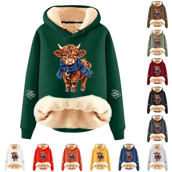 NinXxx Women's Casual Cow Print Lined Hoodie Long Sleeve Sweatshirt Dark Green XXXL