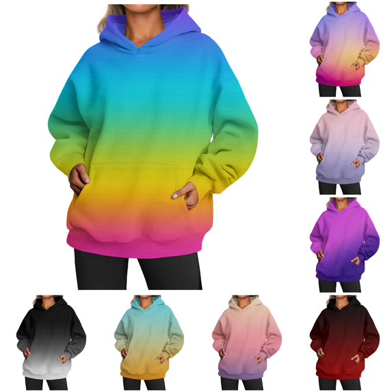 NinXxx Women's Casual Crew Neck Pocket Gradient Hoodie Sweatshirt Blue L